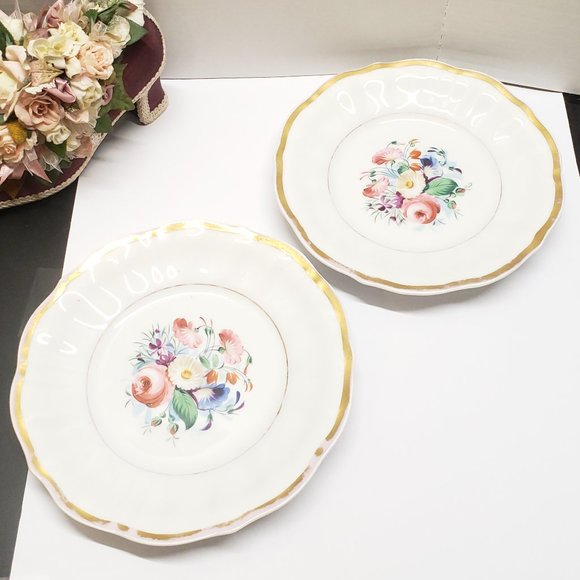 2 Antique KPM Hand Painted Colorful Flower Plates 9 5/8" Plate